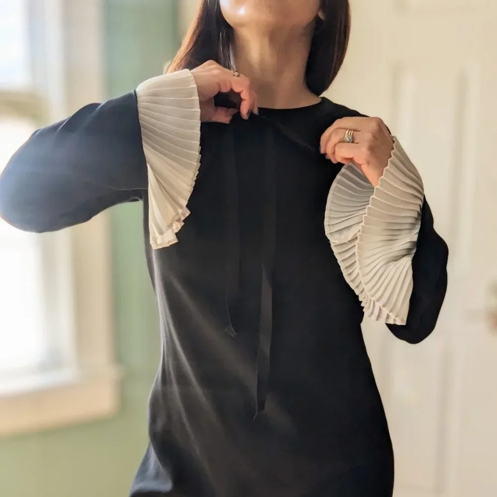 Nanette by Nanette Lepore Black Mini Dress with Cream Pleated Sleeves - Picture 4 of 7